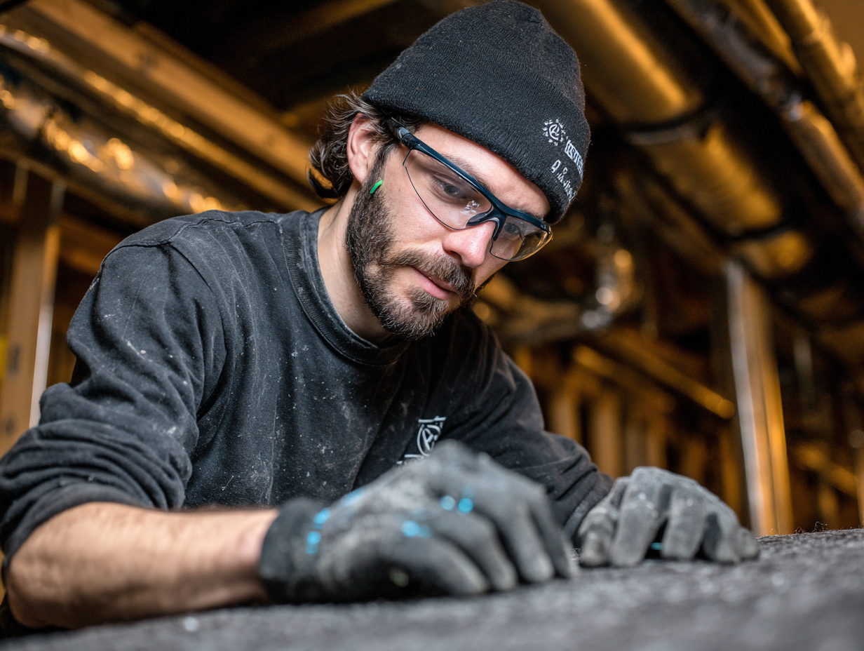 An installer carefully installs an acoustic panel
